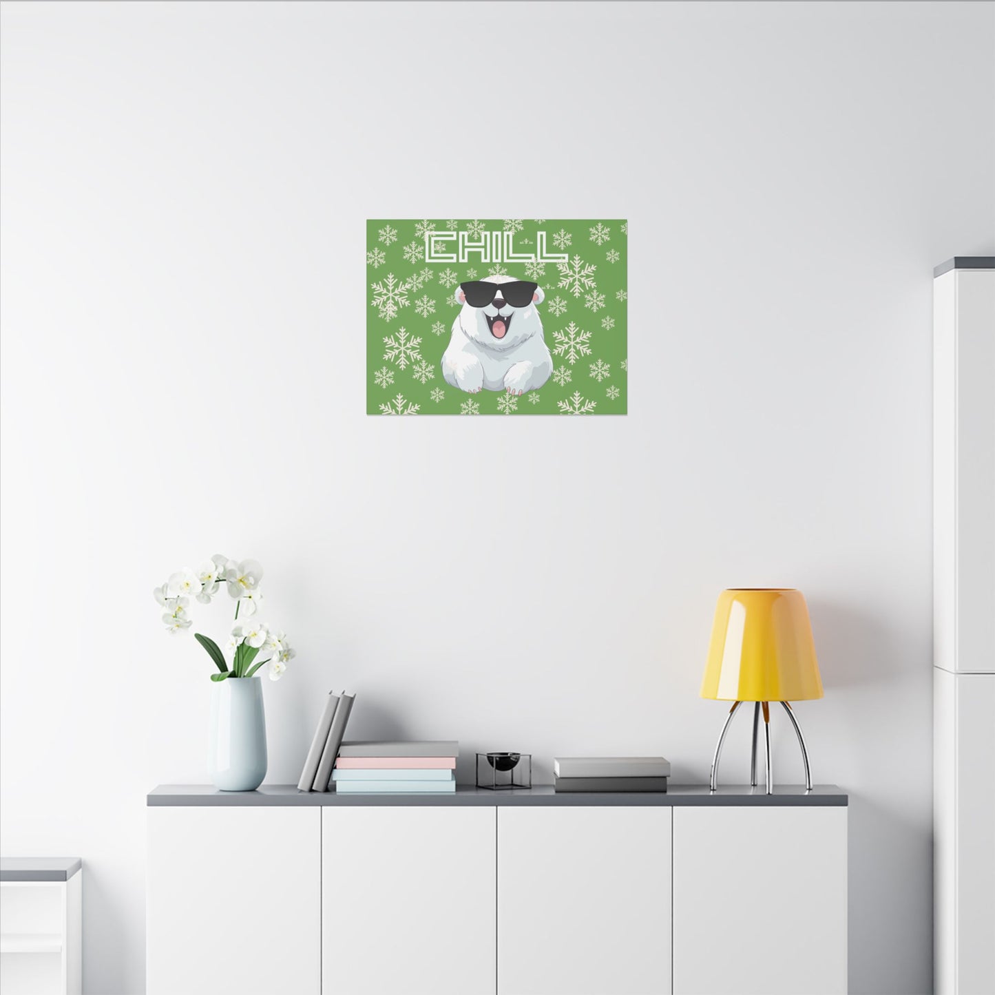 Chill, Polar Bear, Matte Canvas, Stretched 0.75", wall art, snowflakes - green