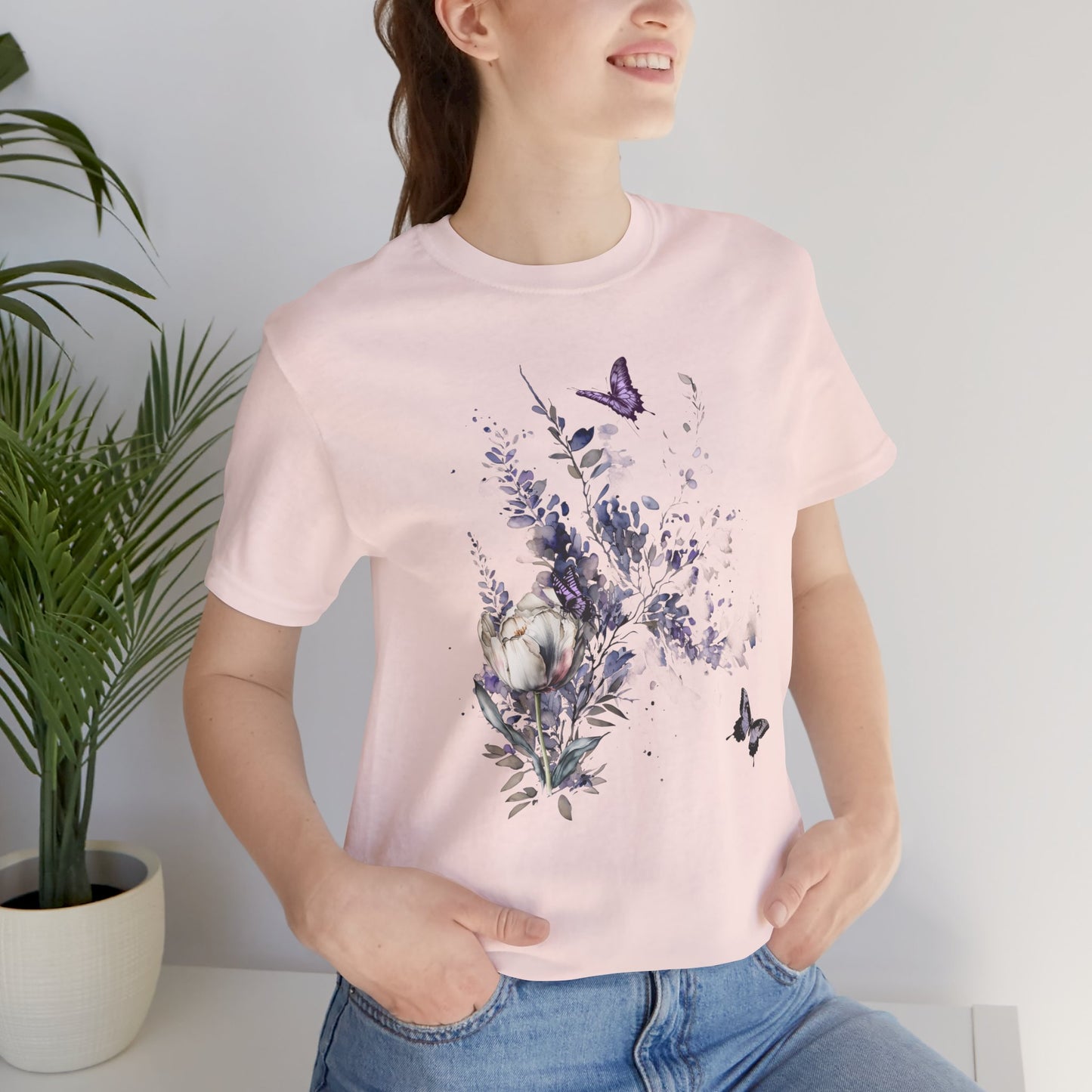 Flowers and Butterflies, Bella + Canvas T-shirt, spring, summer