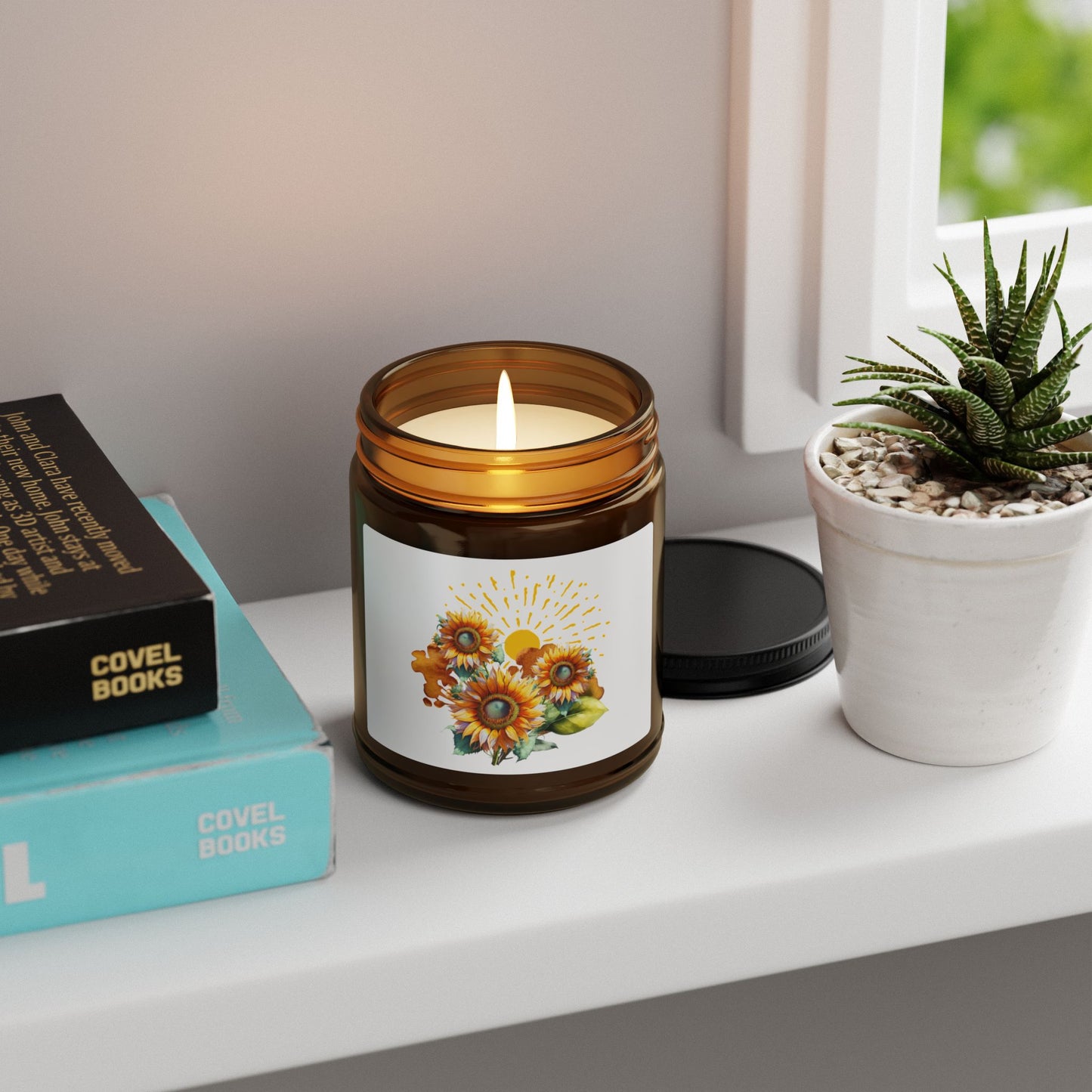 Sunflower design, Scented Soy Candle (Multi-Size, Amber Jar)