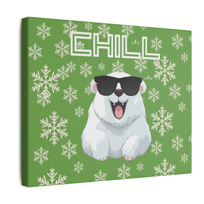 Chill, Polar Bear, Matte Canvas, Stretched 0.75", wall art, snowflakes - green