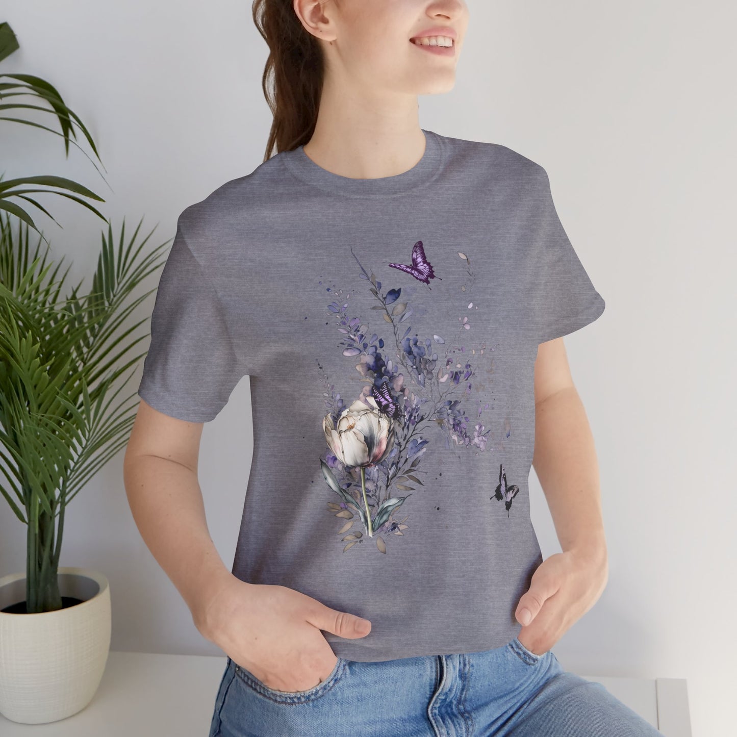 Flowers and Butterflies, Bella + Canvas T-shirt, spring, summer