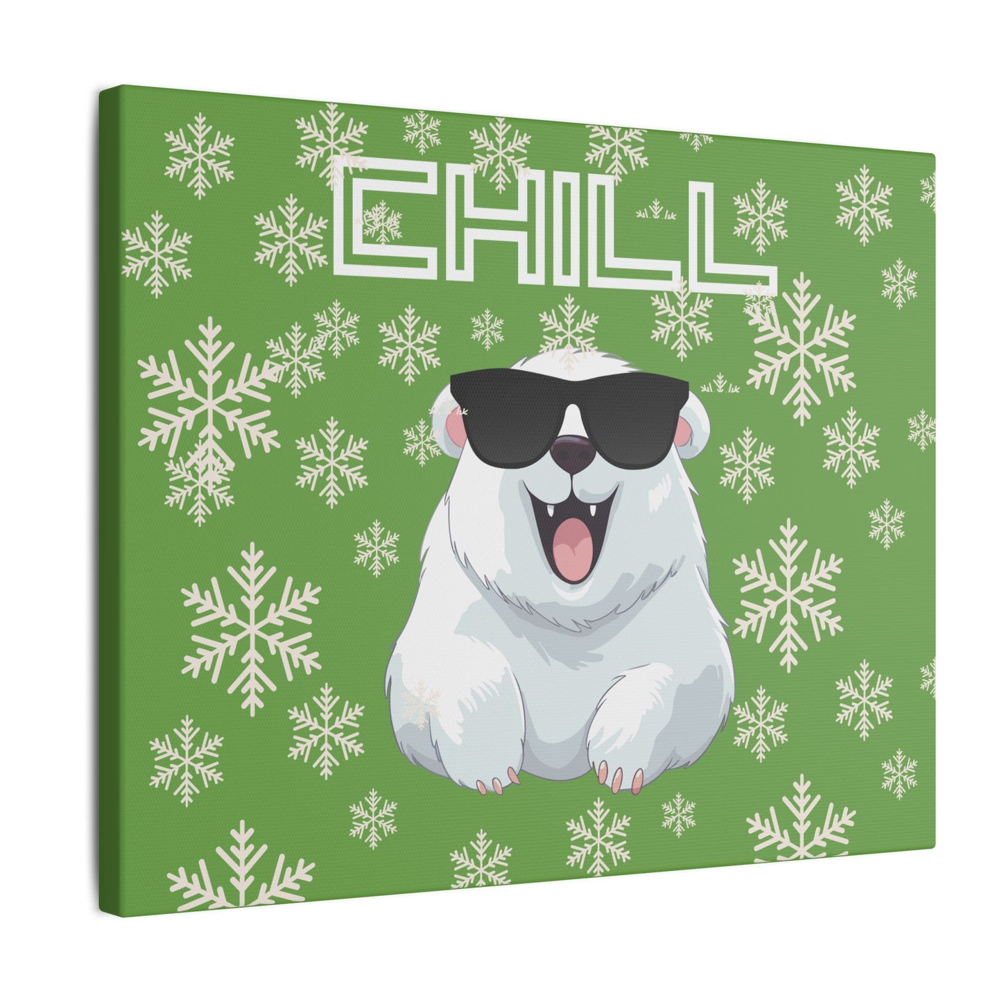 Chill, Polar Bear, Matte Canvas, Stretched 0.75", wall art, snowflakes - green