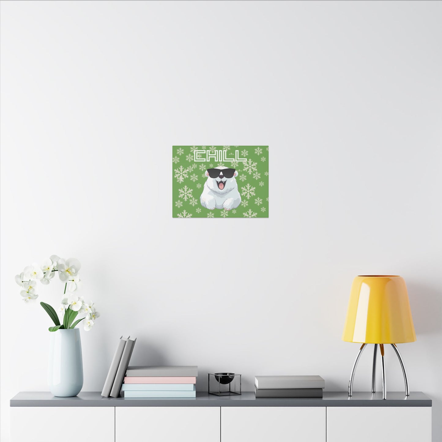 Chill, Polar Bear, Matte Canvas, Stretched 0.75", wall art, snowflakes - green