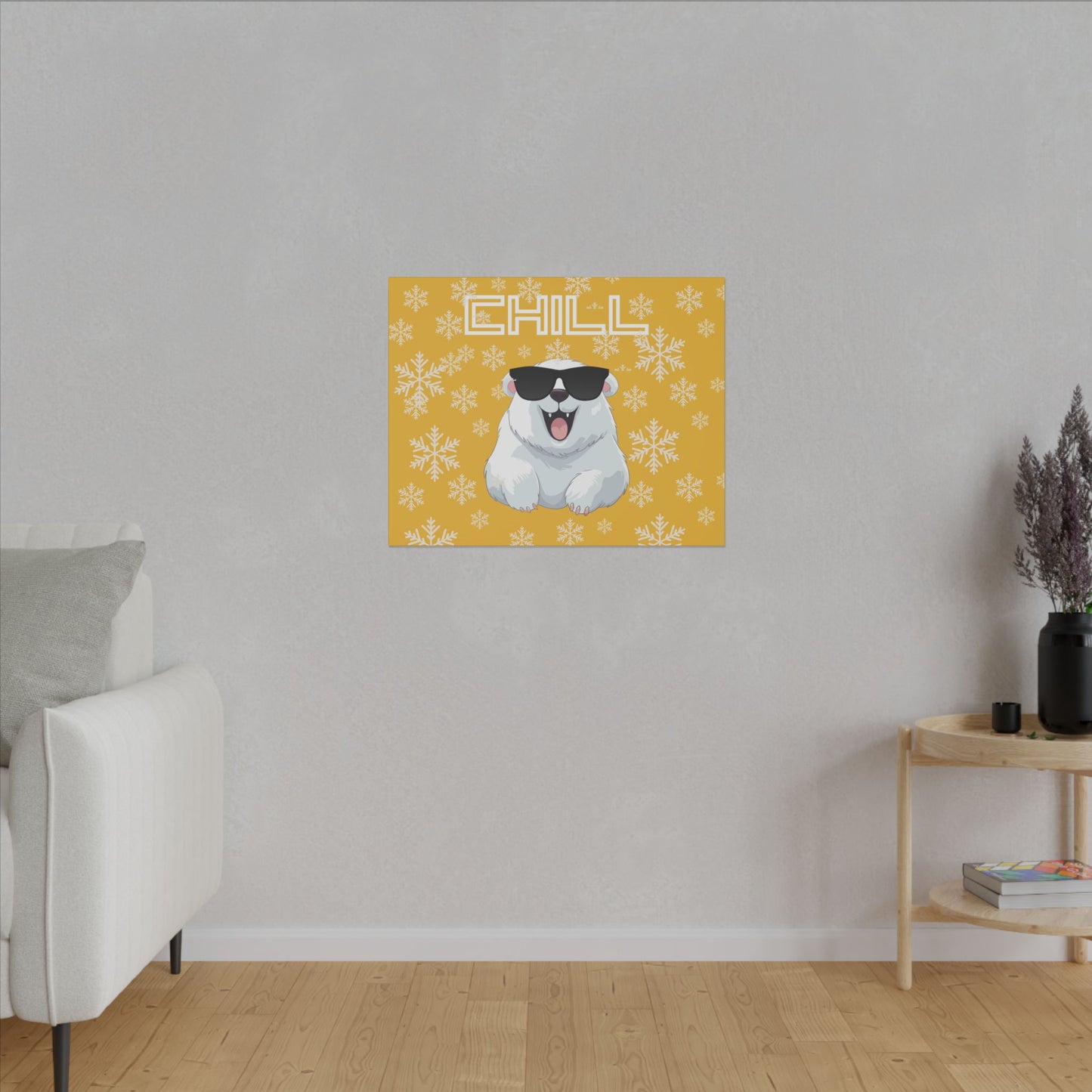Chill, Polar Bear, Matte Canvas, Stretched 0.75", wall art, snowflakes - yellow