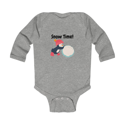 Snow Time Infant Long Sleeve Bodysuit, penguin, Christmas, birthday