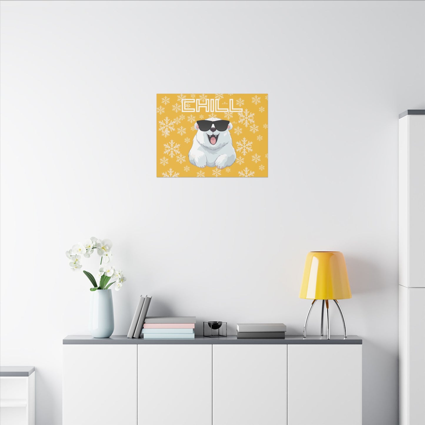 Chill, Polar Bear, Matte Canvas, Stretched 0.75", wall art, snowflakes - yellow
