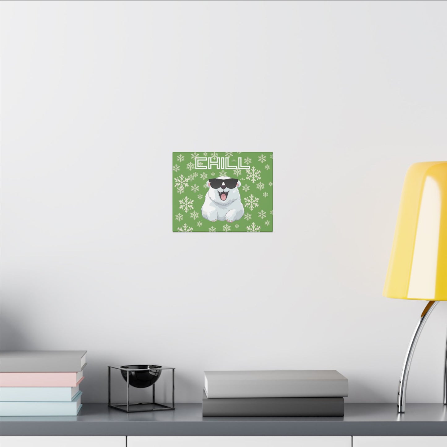 Chill, Polar Bear, Matte Canvas, Stretched 0.75", wall art, snowflakes - green
