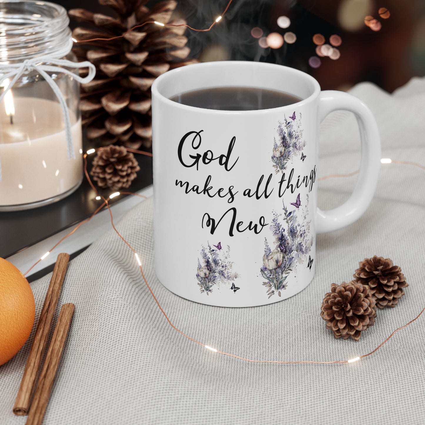 God Makes All Things New, Flowers and Butterflies Mug 11oz