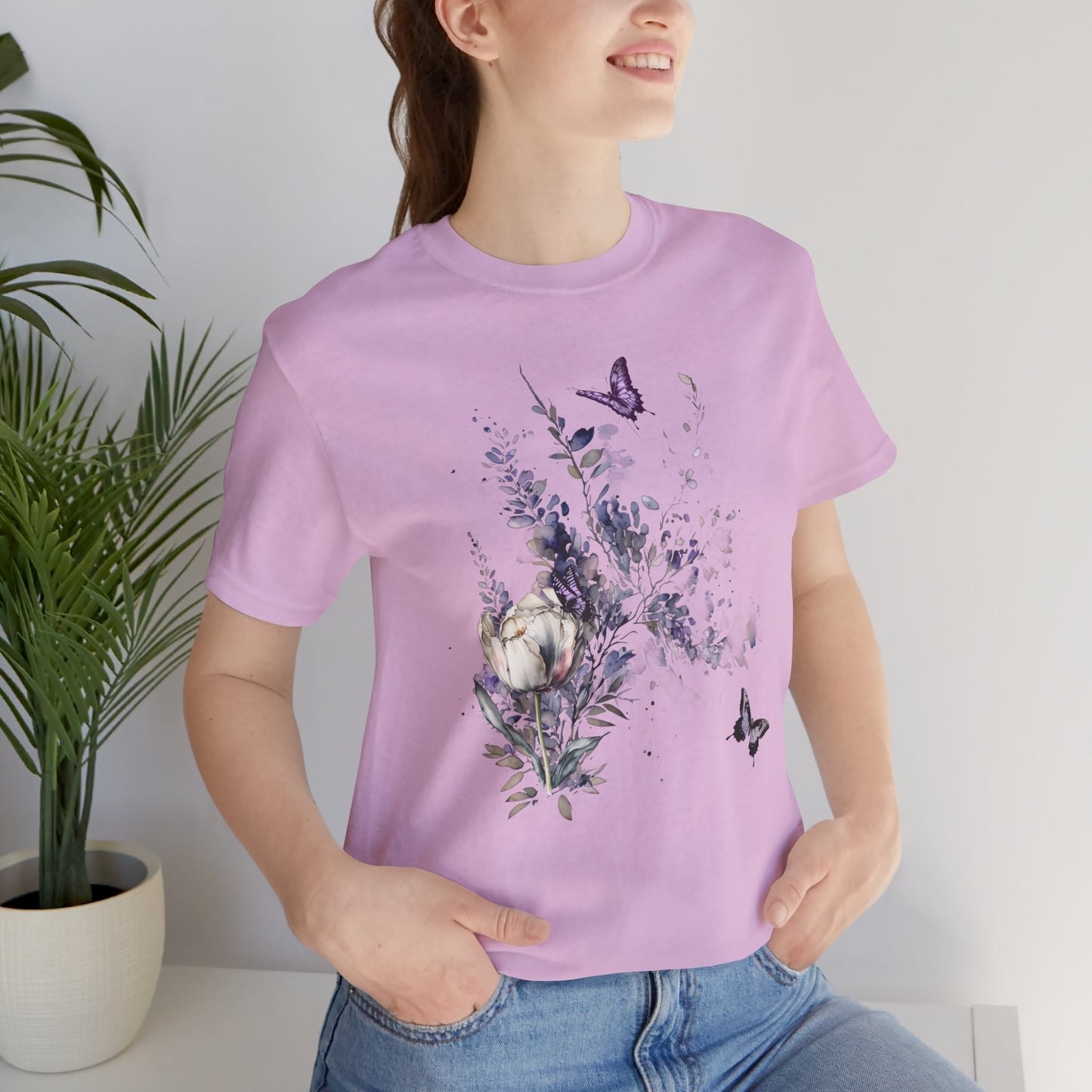 Flowers and Butterflies, Bella + Canvas T-shirt, spring, summer