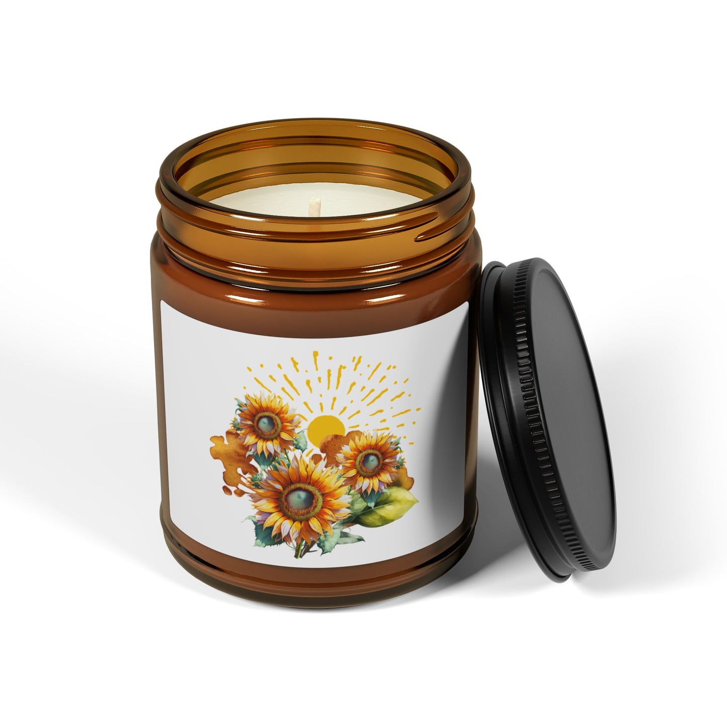 Sunflower design, Scented Soy Candle (Multi-Size, Amber Jar)