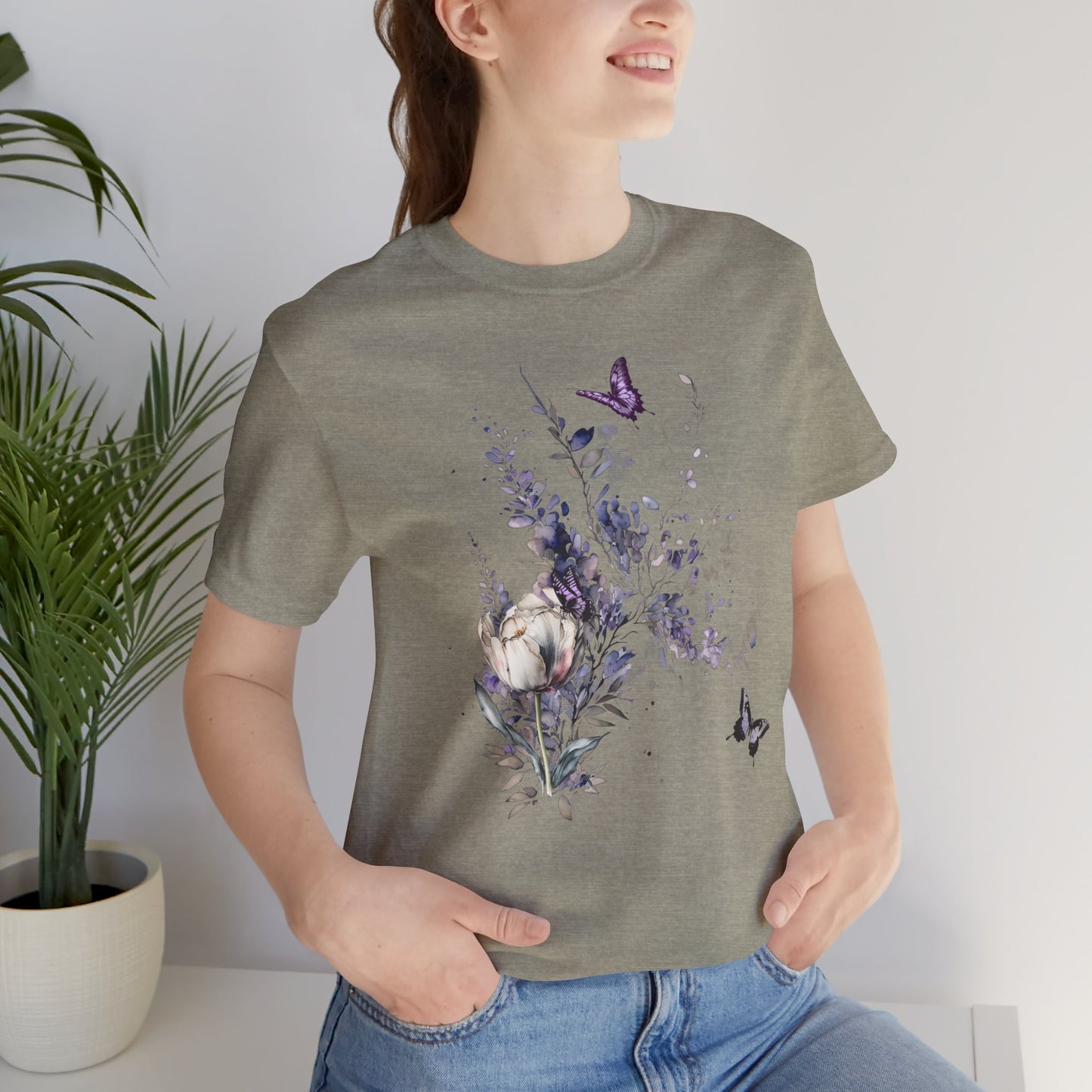 Flowers and Butterflies, Bella + Canvas T-shirt, spring, summer