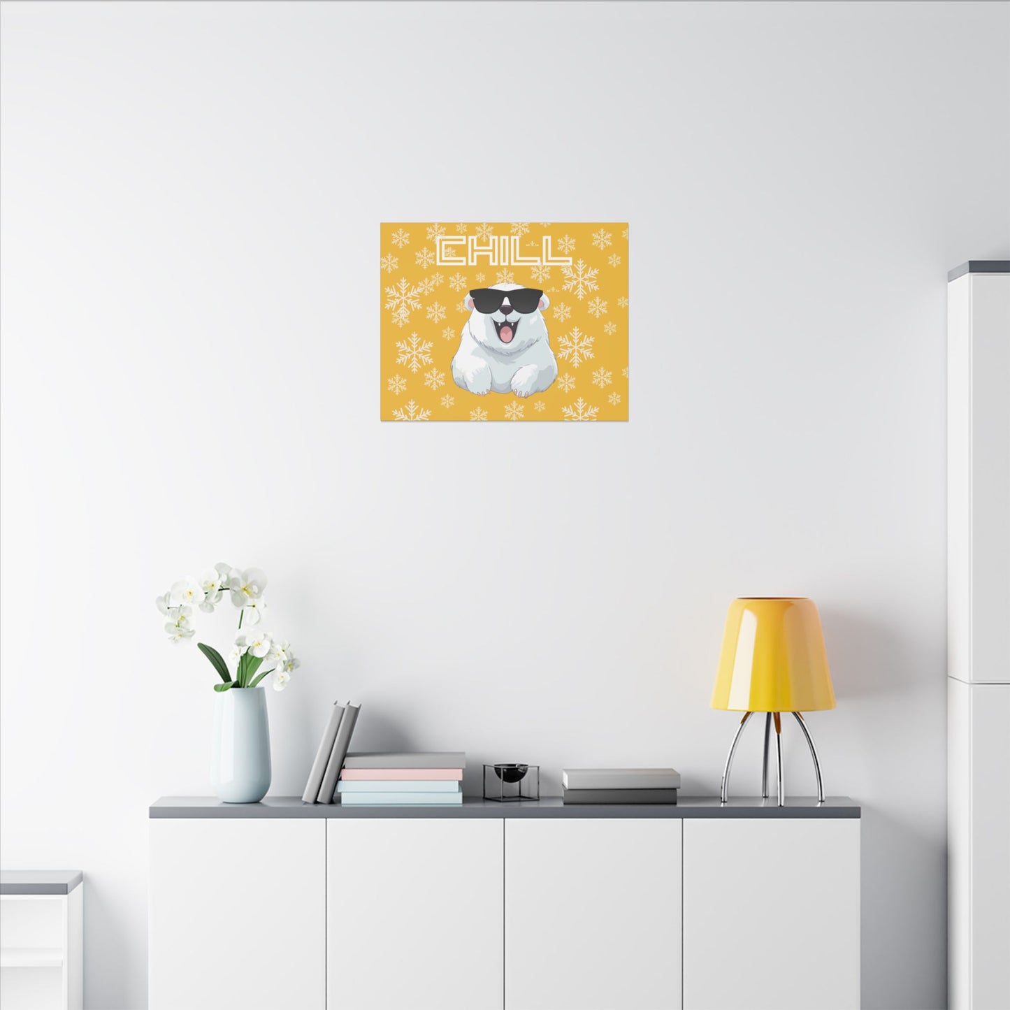 Chill, Polar Bear, Matte Canvas, Stretched 0.75", wall art, snowflakes - yellow