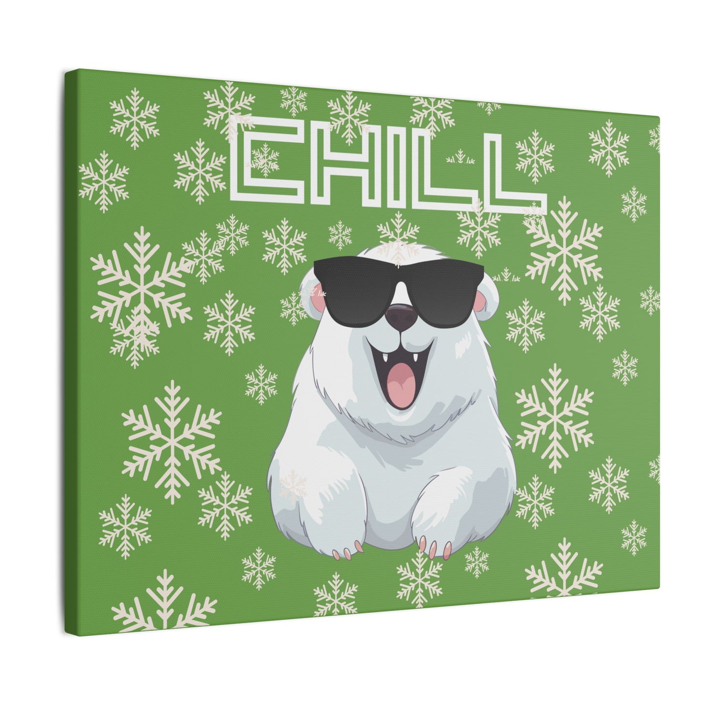 Chill, Polar Bear, Matte Canvas, Stretched 0.75", wall art, snowflakes - green
