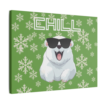 Chill, Polar Bear, Matte Canvas, Stretched 0.75", wall art, snowflakes - green