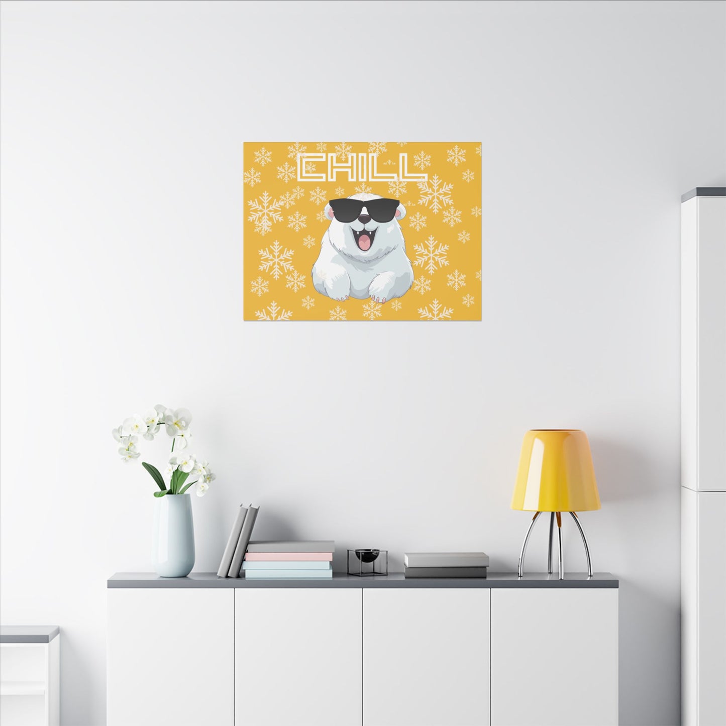Chill, Polar Bear, Matte Canvas, Stretched 0.75", wall art, snowflakes - yellow