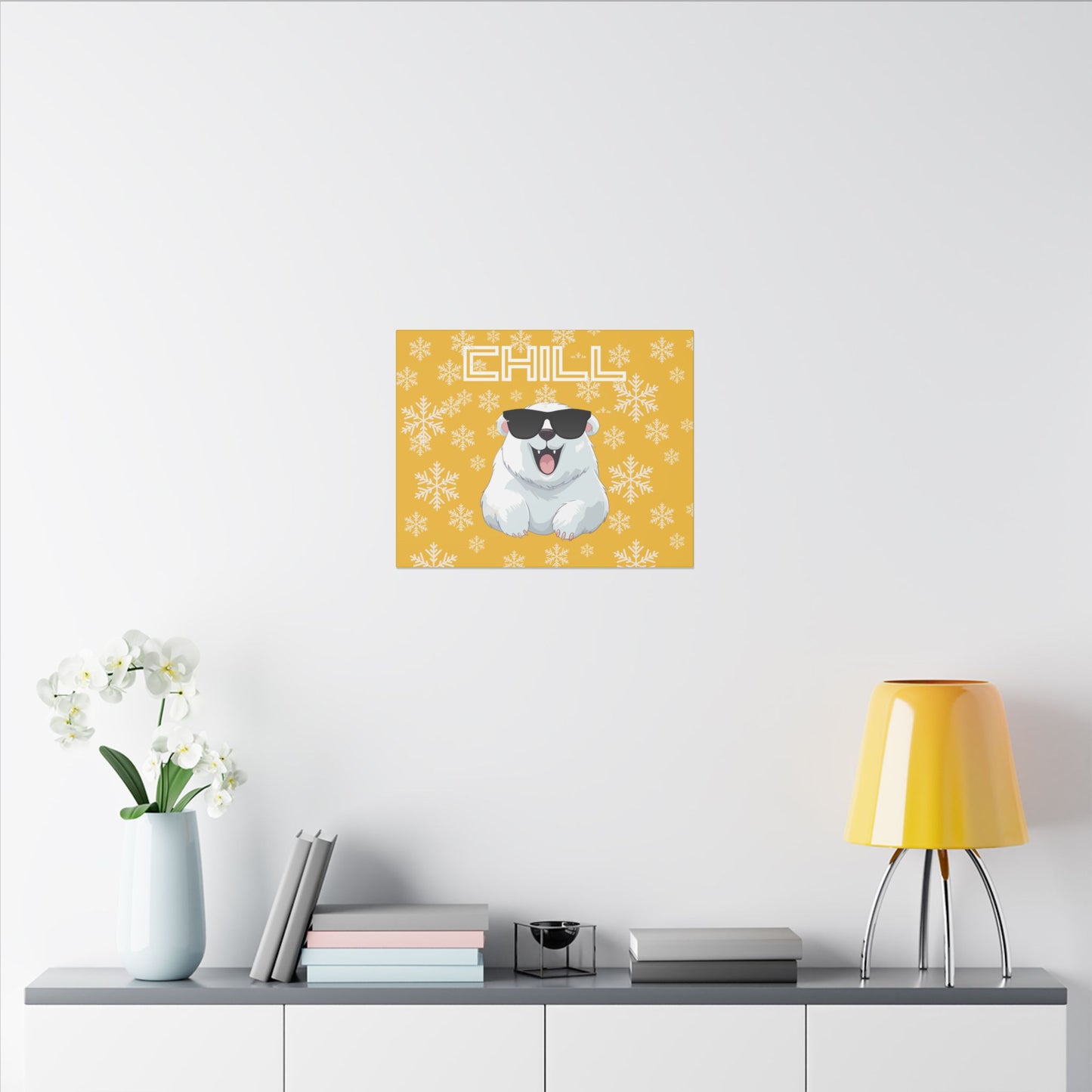 Chill, Polar Bear, Matte Canvas, Stretched 0.75", wall art, snowflakes - yellow