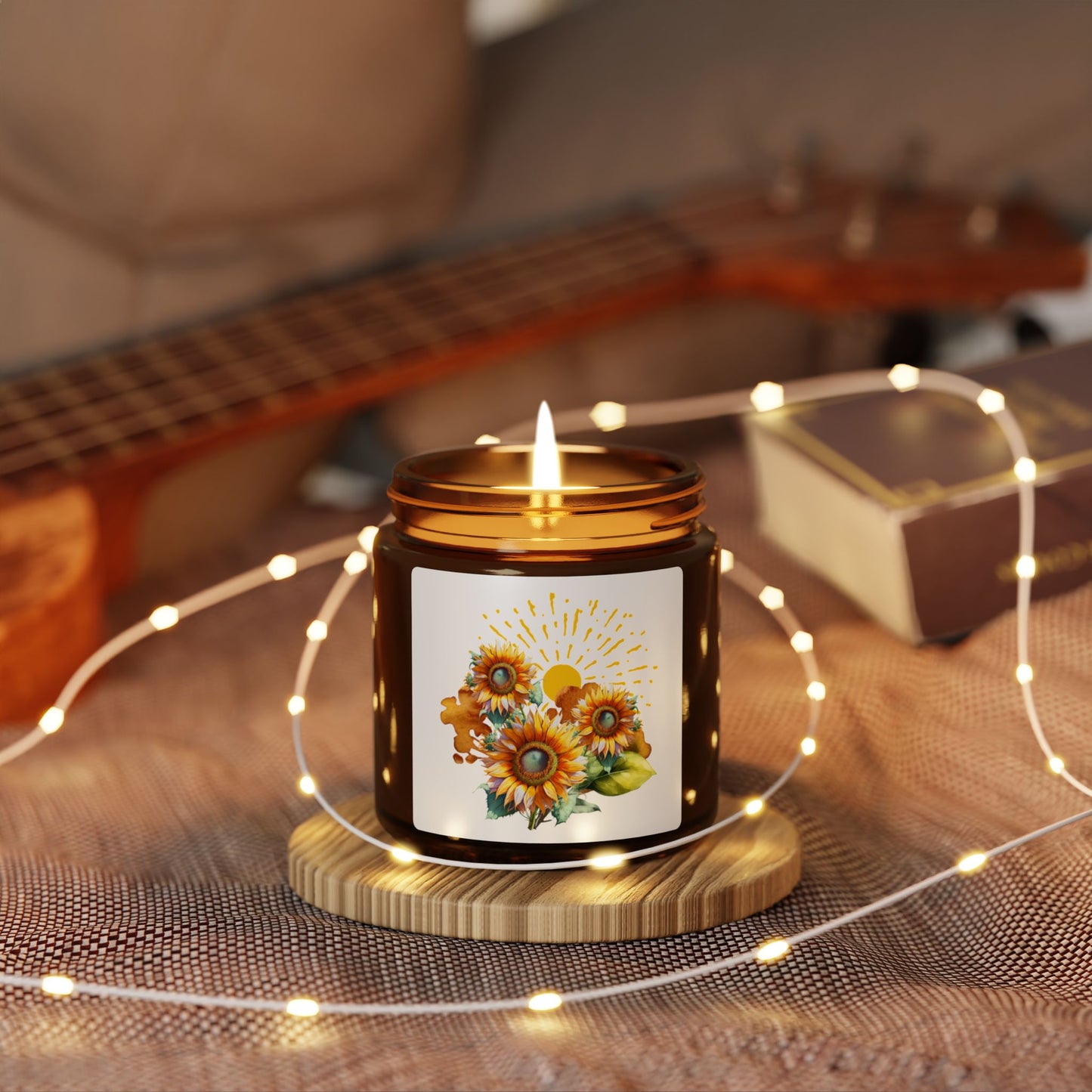 Sunflower design, Scented Soy Candle (Multi-Size, Amber Jar)