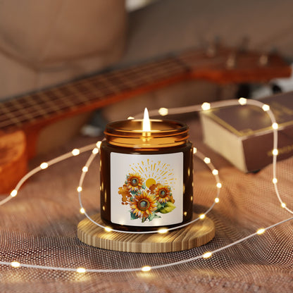 Sunflower design, Scented Soy Candle (Multi-Size, Amber Jar)
