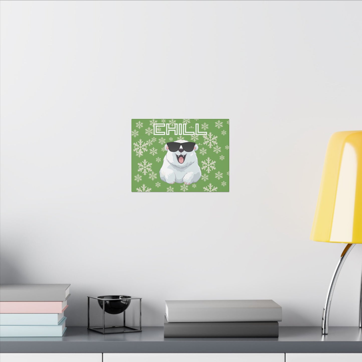 Chill, Polar Bear, Matte Canvas, Stretched 0.75", wall art, snowflakes - green