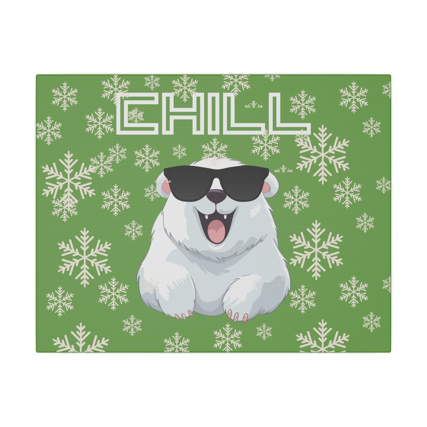 Chill, Polar Bear, Matte Canvas, Stretched 0.75", wall art, snowflakes - green