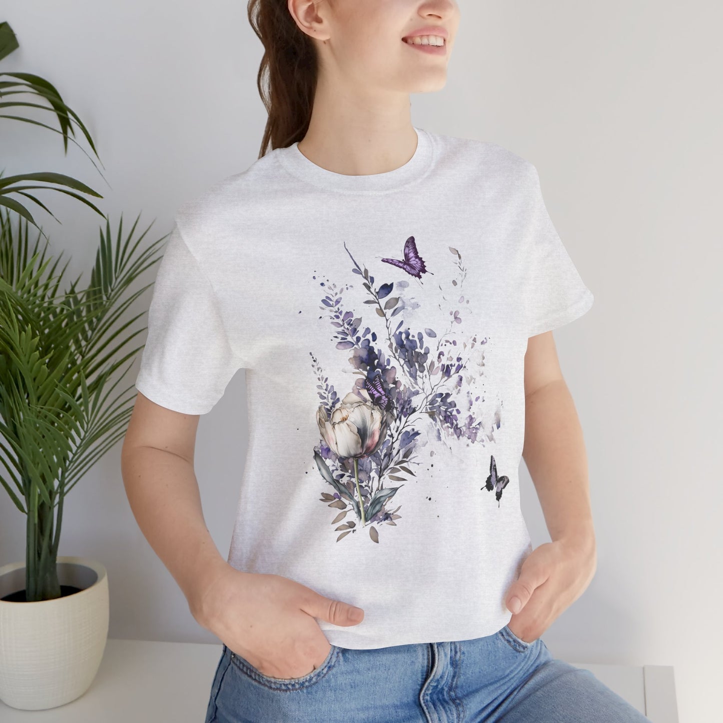 Flowers and Butterflies, Bella + Canvas T-shirt, spring, summer