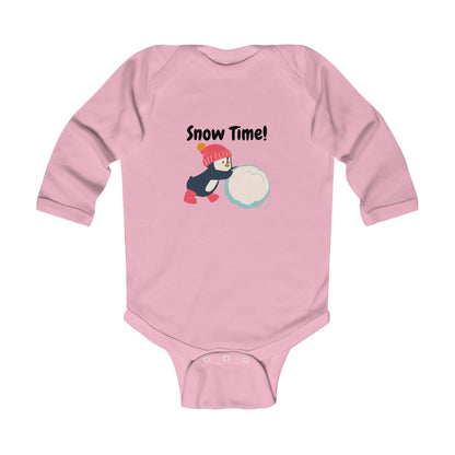Snow Time Infant Long Sleeve Bodysuit, penguin, Christmas, birthday