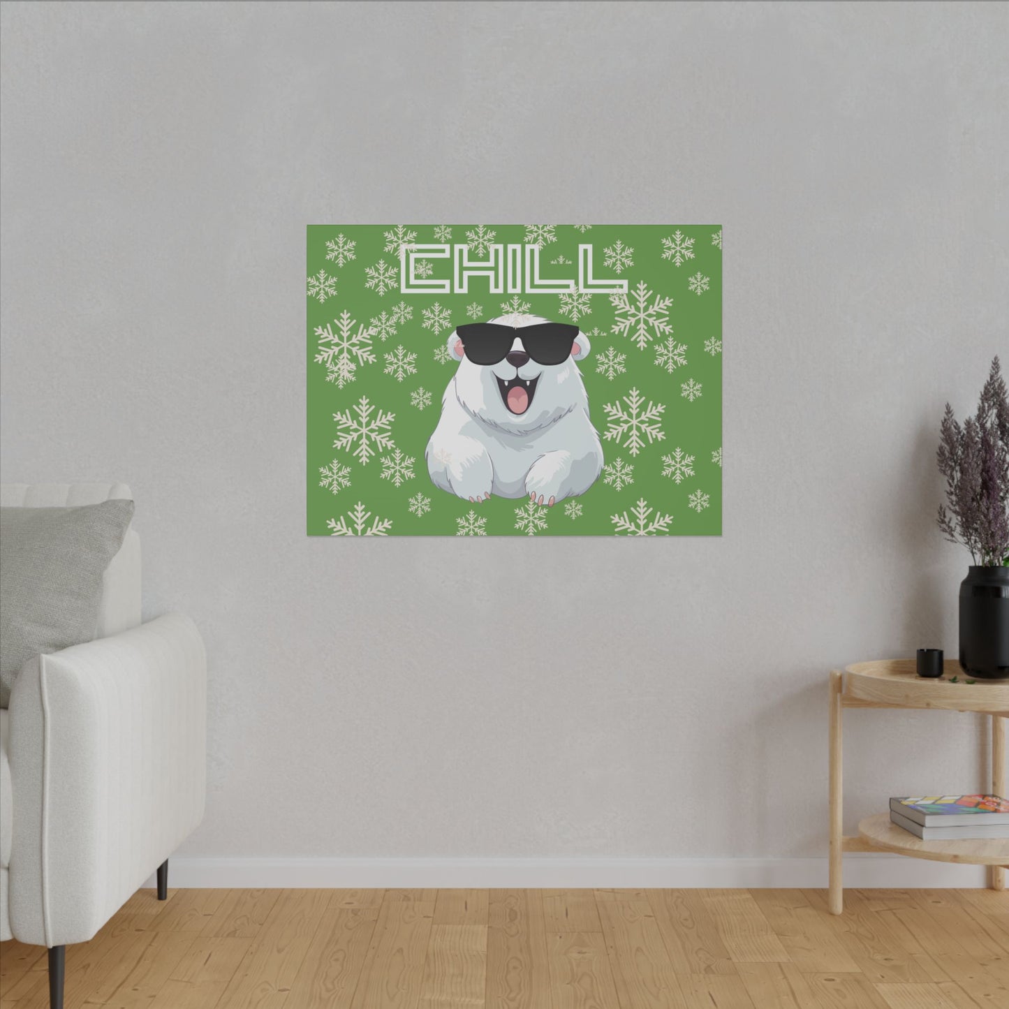 Chill, Polar Bear, Matte Canvas, Stretched 0.75", wall art, snowflakes - green