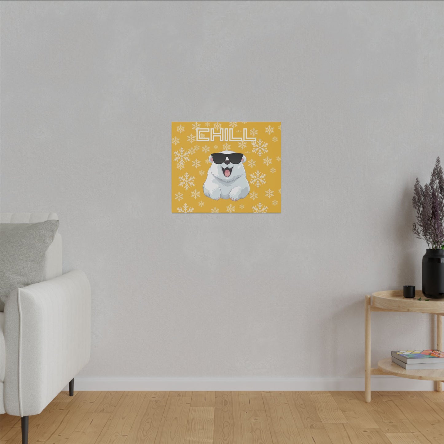 Chill, Polar Bear, Matte Canvas, Stretched 0.75", wall art, snowflakes - yellow