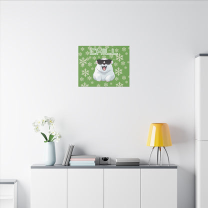 Chill, Polar Bear, Matte Canvas, Stretched 0.75", wall art, snowflakes - green