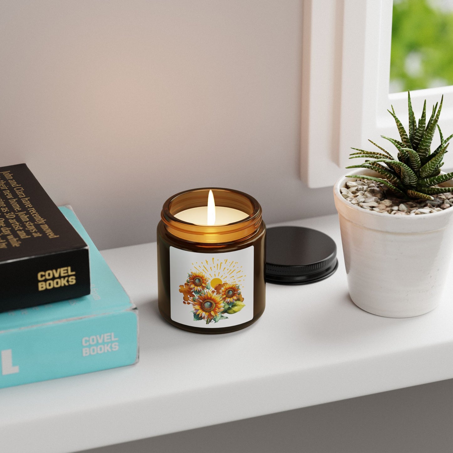 Sunflower design, Scented Soy Candle (Multi-Size, Amber Jar)