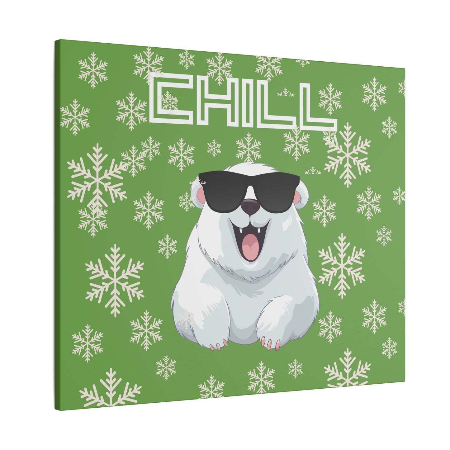 Chill, Polar Bear, Matte Canvas, Stretched 0.75", wall art, snowflakes - green