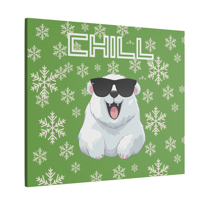 Chill, Polar Bear, Matte Canvas, Stretched 0.75", wall art, snowflakes - green
