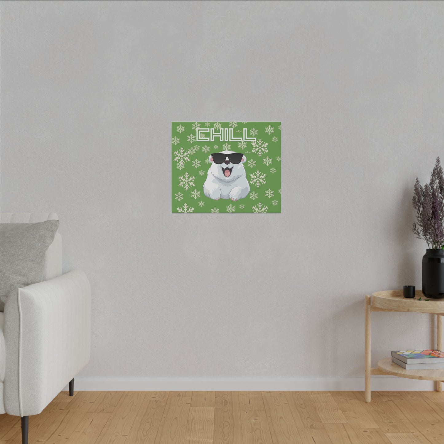 Chill, Polar Bear, Matte Canvas, Stretched 0.75", wall art, snowflakes - green