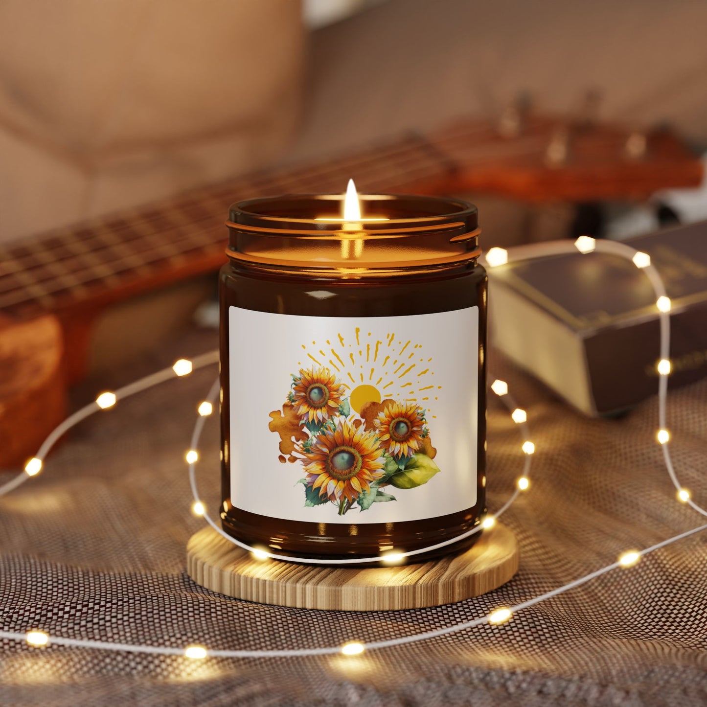 Sunflower design, Scented Soy Candle (Multi-Size, Amber Jar)