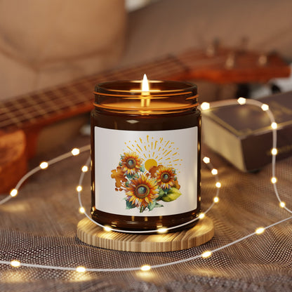 Sunflower design, Scented Soy Candle (Multi-Size, Amber Jar)
