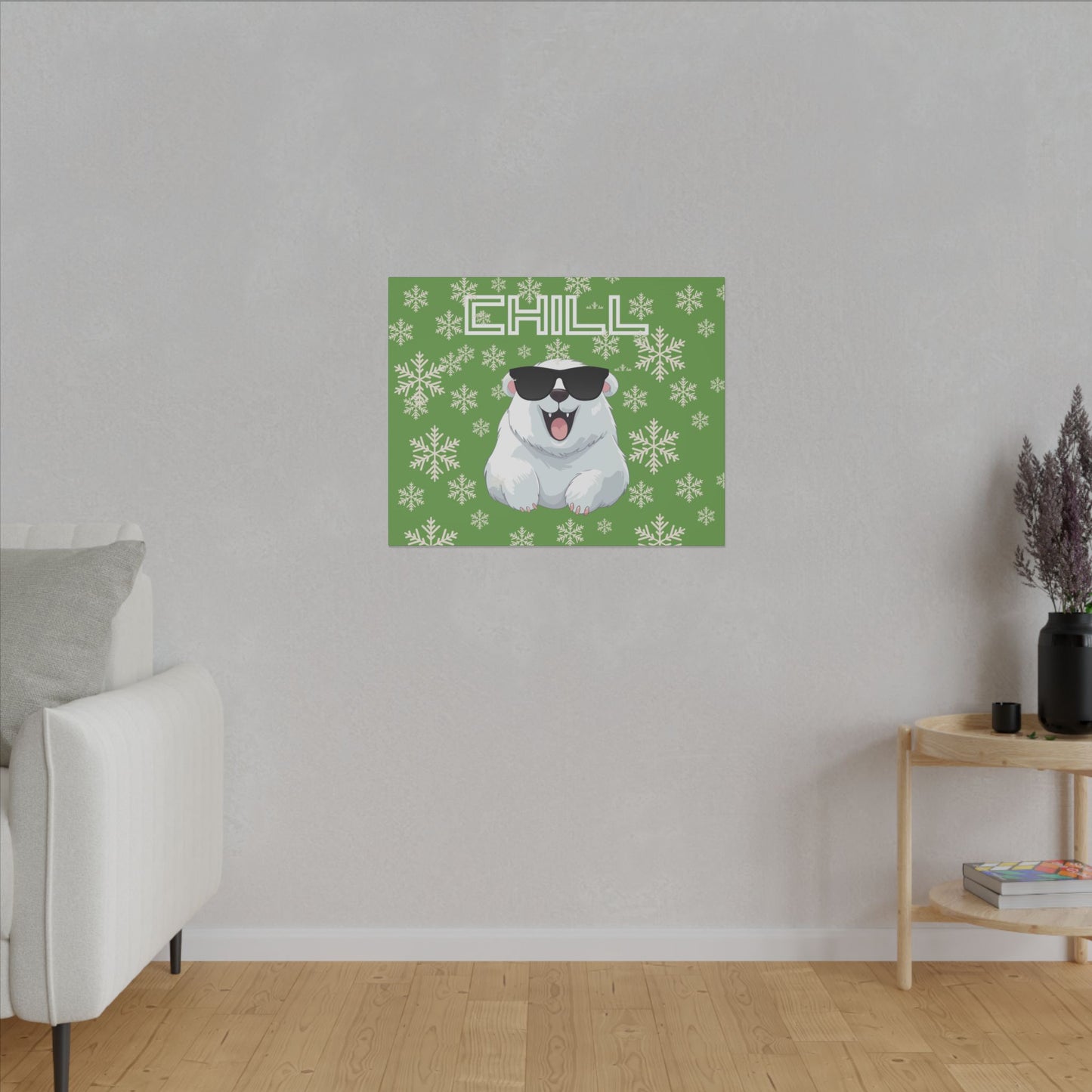 Chill, Polar Bear, Matte Canvas, Stretched 0.75", wall art, snowflakes - green