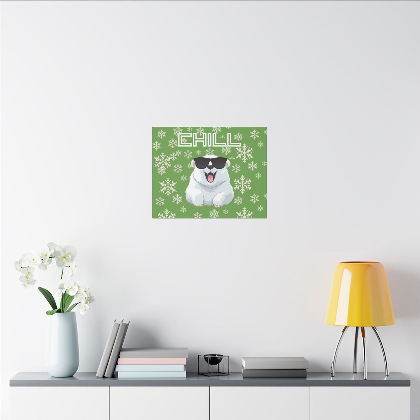Chill, Polar Bear, Matte Canvas, Stretched 0.75", wall art, snowflakes - green