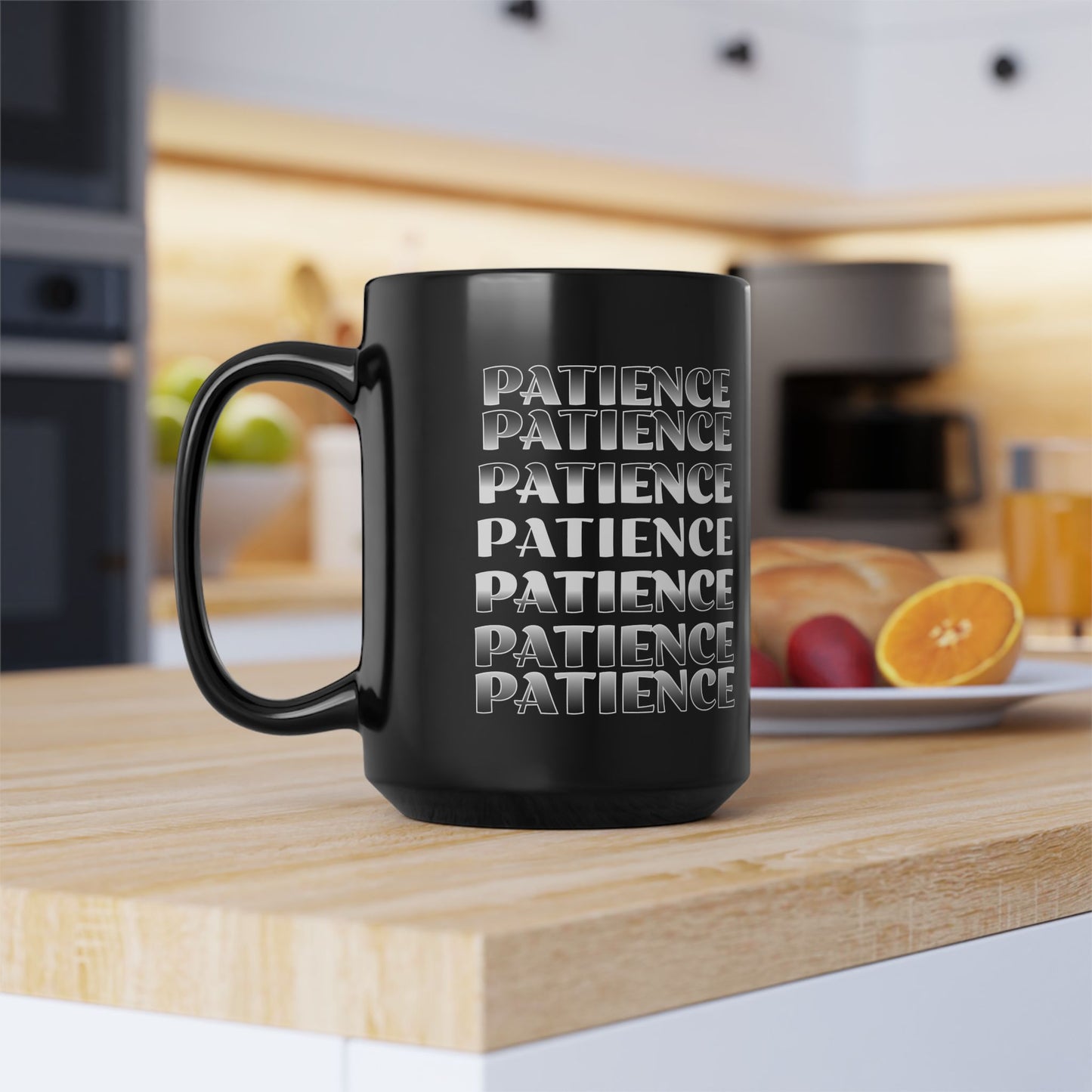 Patience Black Ceramic Mug, 15oz, encouragement, reminder gift. perseverance