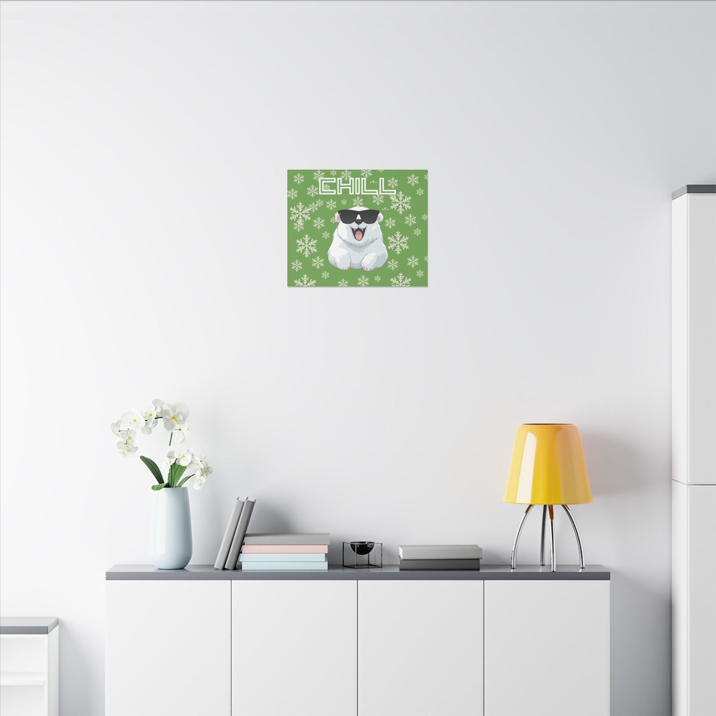 Chill, Polar Bear, Matte Canvas, Stretched 0.75", wall art, snowflakes - green