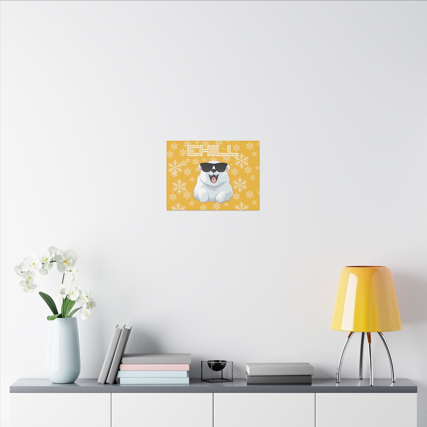 Chill, Polar Bear, Matte Canvas, Stretched 0.75", wall art, snowflakes - yellow