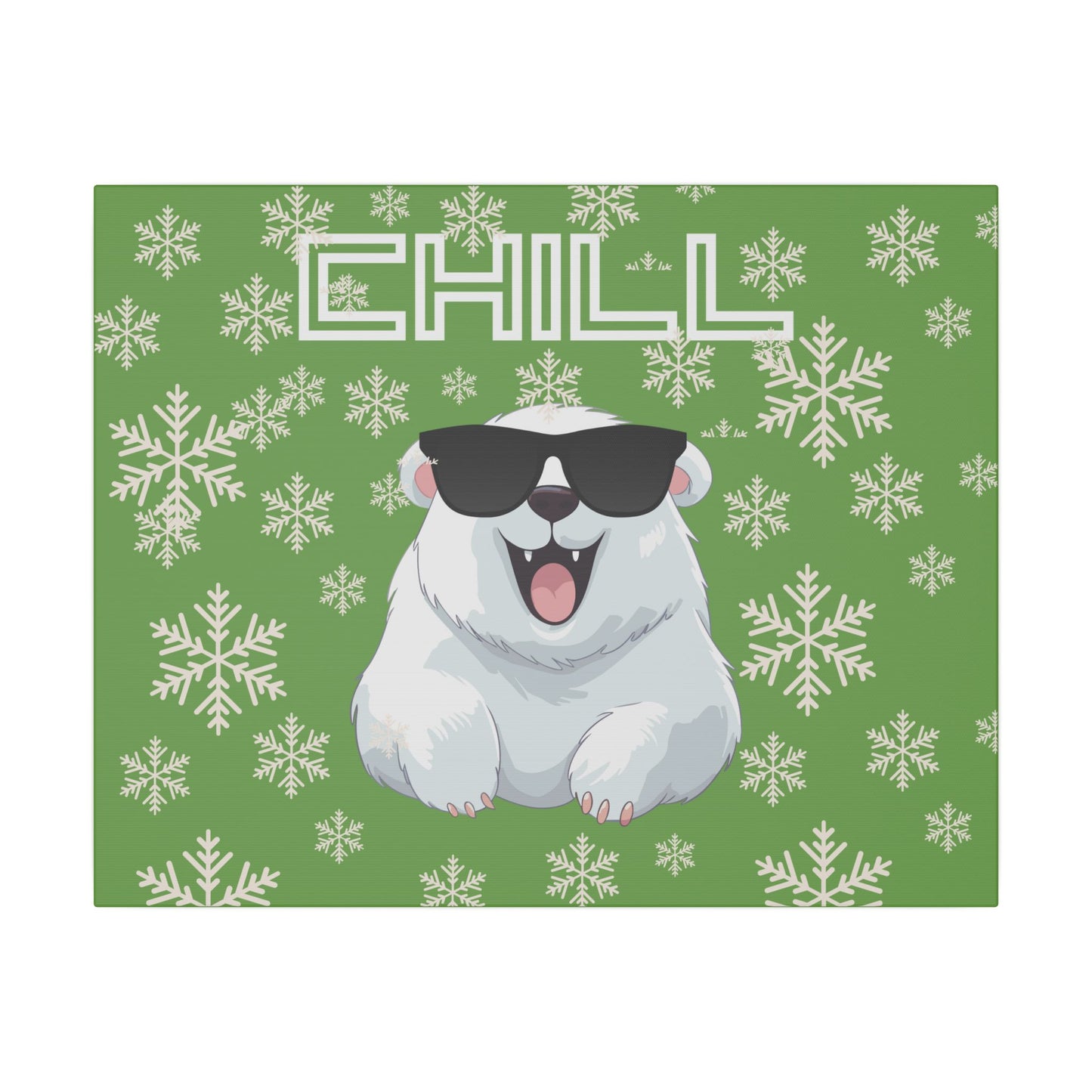 Chill, Polar Bear, Matte Canvas, Stretched 0.75", wall art, snowflakes - green