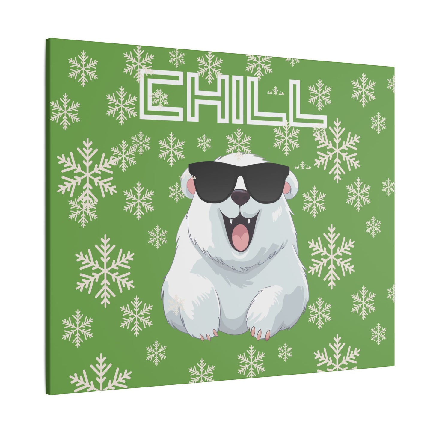 Chill, Polar Bear, Matte Canvas, Stretched 0.75", wall art, snowflakes - green