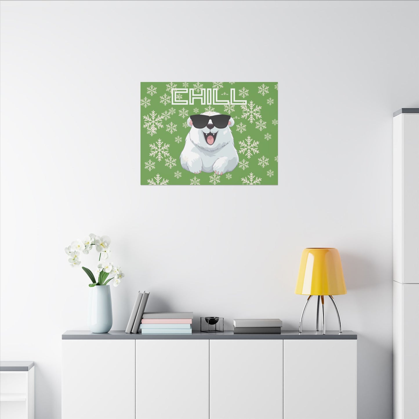 Chill, Polar Bear, Matte Canvas, Stretched 0.75", wall art, snowflakes - green