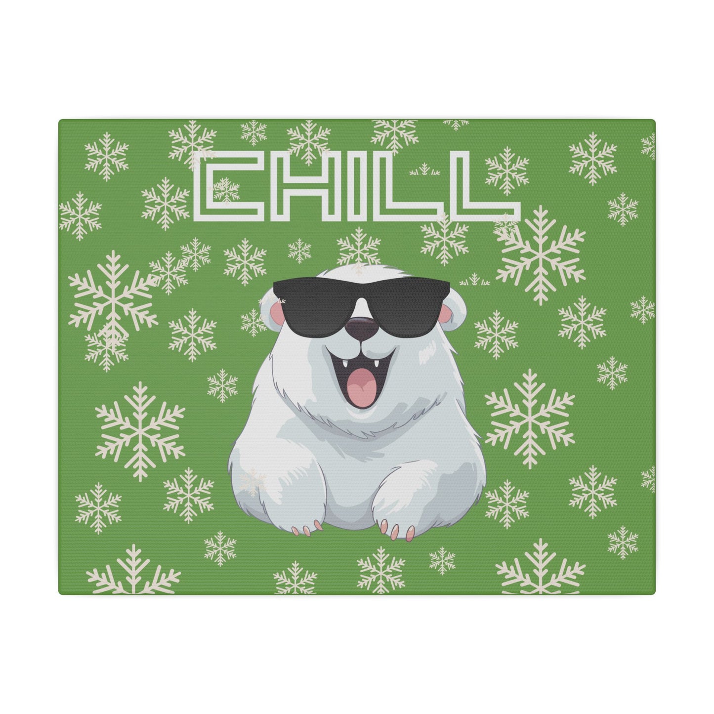 Chill, Polar Bear, Matte Canvas, Stretched 0.75", wall art, snowflakes - green