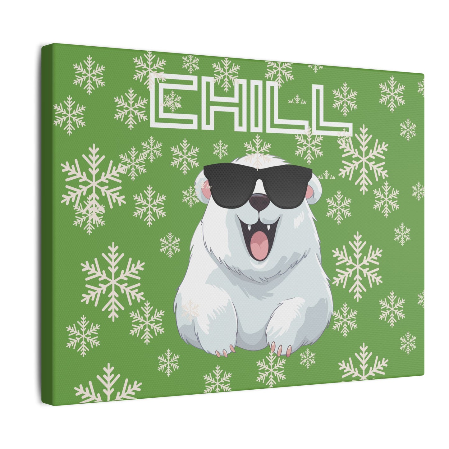 Chill, Polar Bear, Matte Canvas, Stretched 0.75", wall art, snowflakes - green