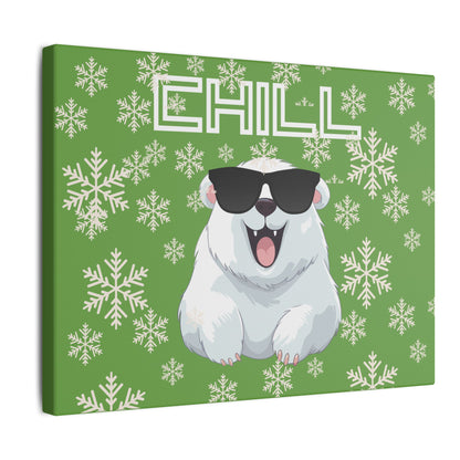 Chill, Polar Bear, Matte Canvas, Stretched 0.75", wall art, snowflakes - green