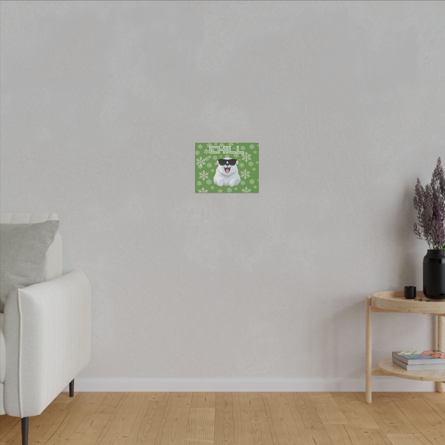 Chill, Polar Bear, Matte Canvas, Stretched 0.75", wall art, snowflakes - green