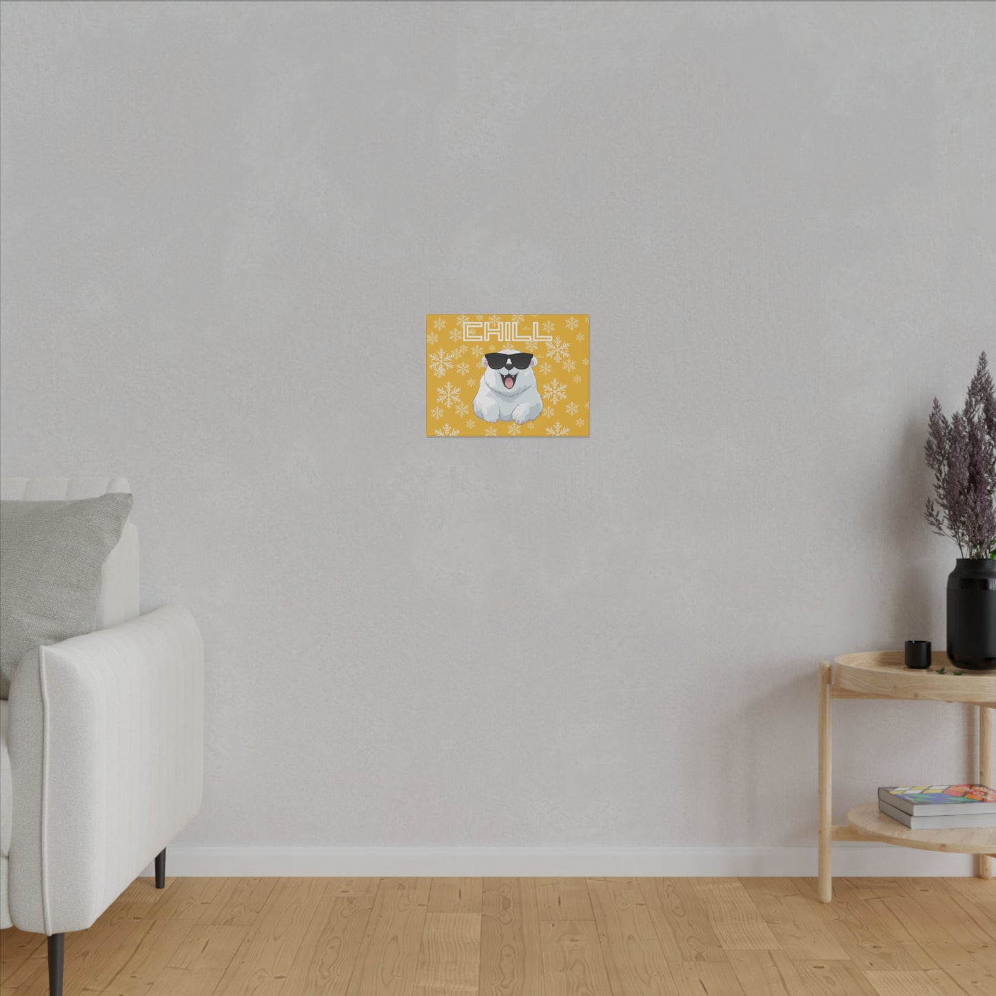 Chill, Polar Bear, Matte Canvas, Stretched 0.75", wall art, snowflakes - yellow
