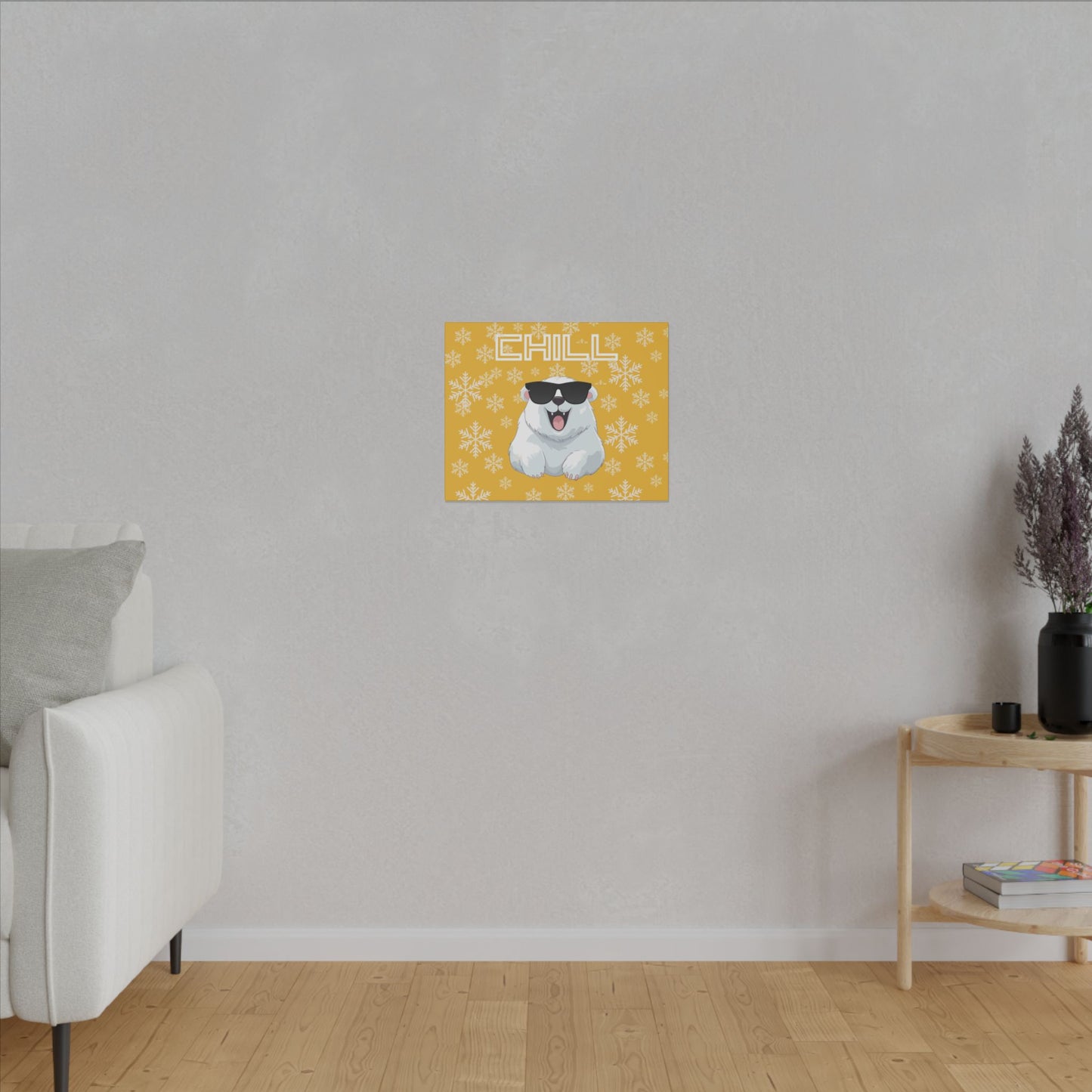 Chill, Polar Bear, Matte Canvas, Stretched 0.75", wall art, snowflakes - yellow