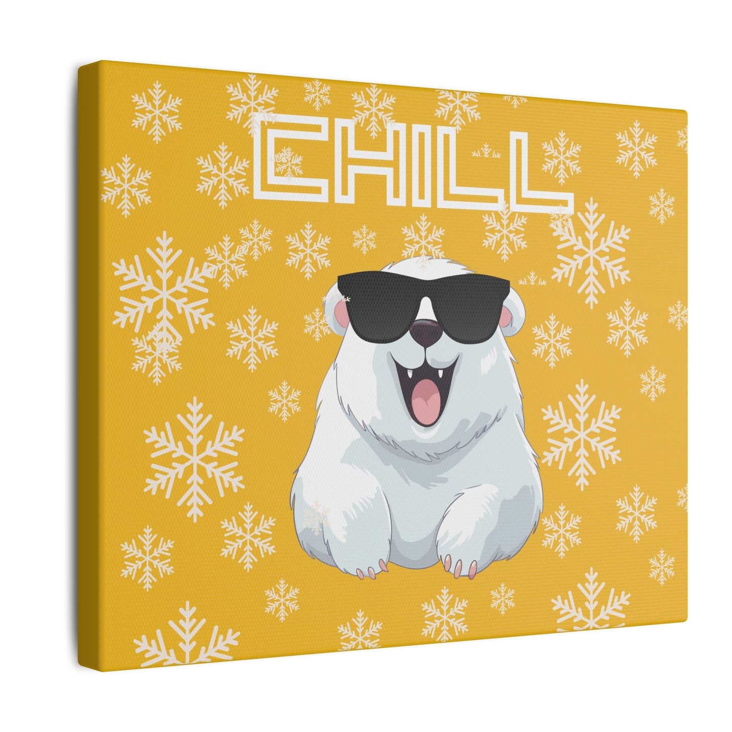 Chill, Polar Bear, Matte Canvas, Stretched 0.75", wall art, snowflakes - yellow